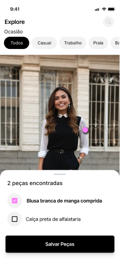Tela do app mostrando a identificação das peças do look na foto