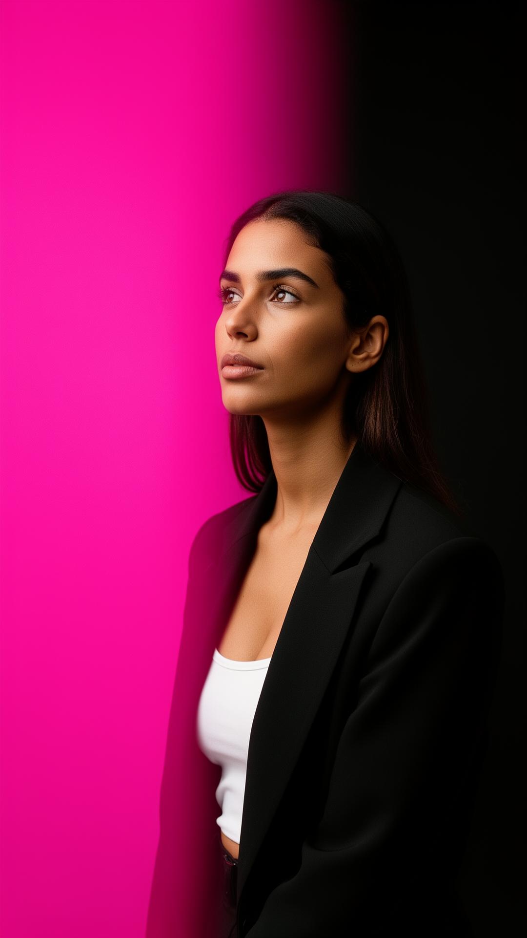 Mulher brasileira em blazer preto e top branco — referência de look montado pelo Look For Me